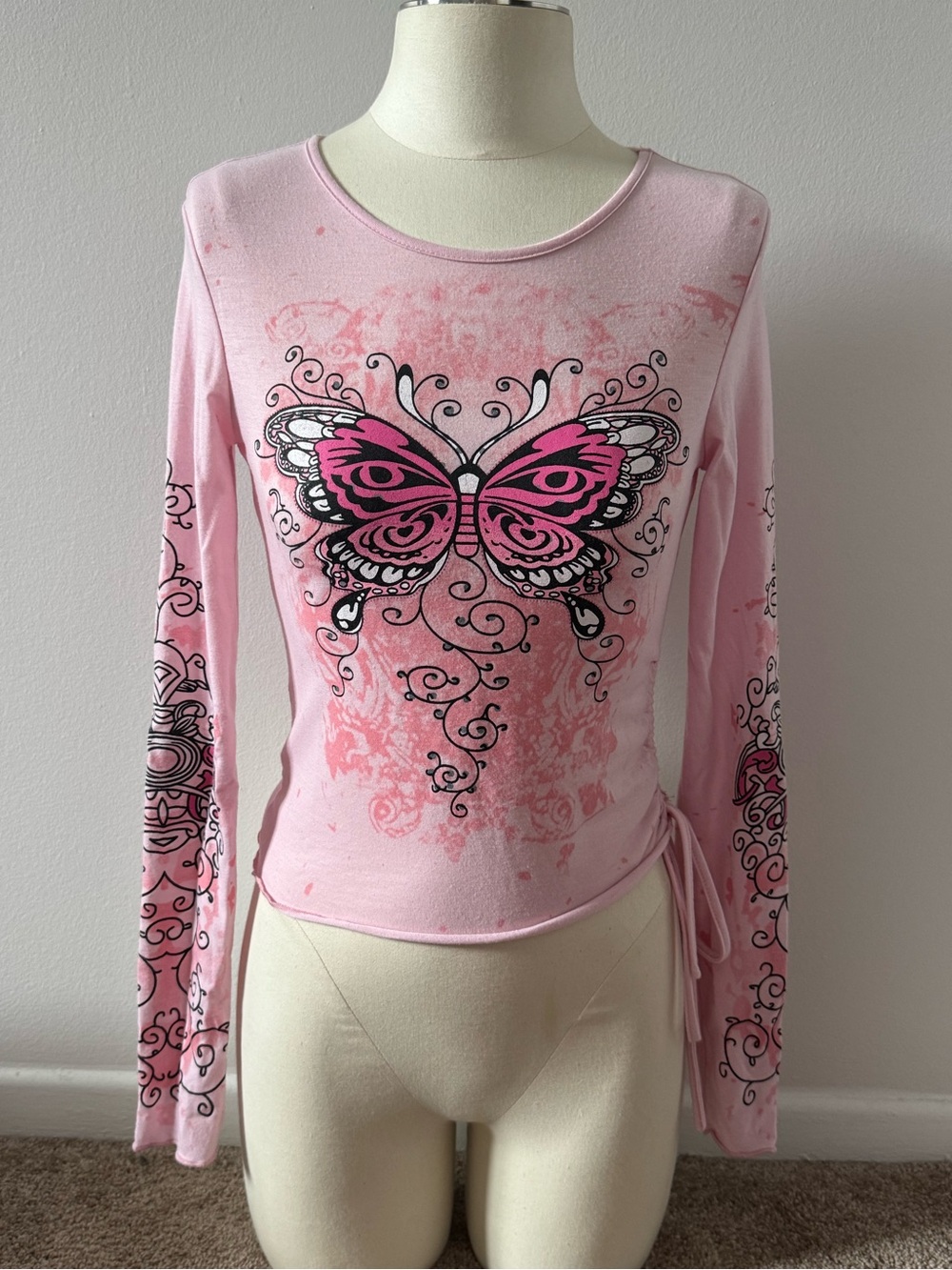 SHEIN Pink Butterfly Print Long Sleeve Top with Side Tie